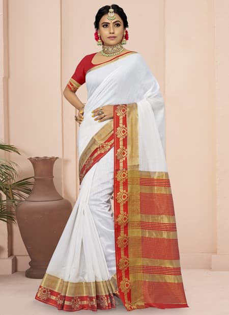 White And Red Sangam Red Chilli Fancy Wear Cotton Heavy Designer Saree Collection 1561
